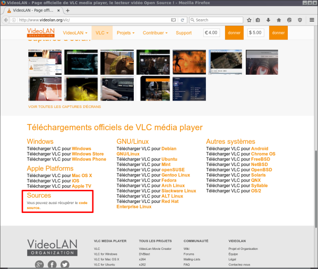 Site VLC, avec en tout petit tout en bas un lien "récupérer le code source"